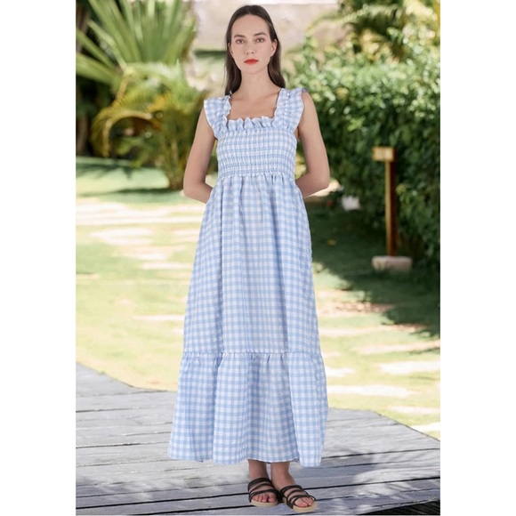 Gingham Print Plaid Smocked Spaghetti Straps Flouncy Long Dress in Blue - Picture 2 of 6
